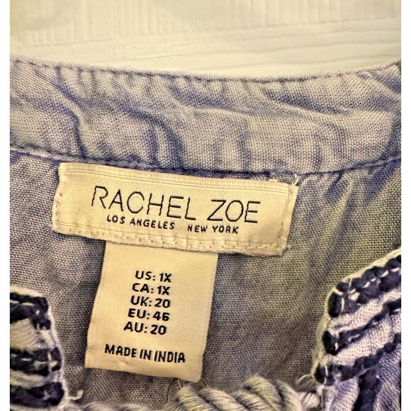 NWT Rachel Zoe Top Sz 1X  Blue Embroidered Tassel Tie Mineral Wash Boho Festival - Picture 4 of 14